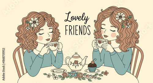 Two beautiful curly haired friends enjoy tea and a chocolate cupcake together at a cozy table decorated with flowers and a teapot.