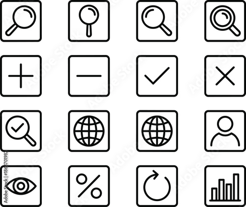 User interface essential line icon set featuring search actions controls analytics profile symbols for modern web applications dashboards and digital systems