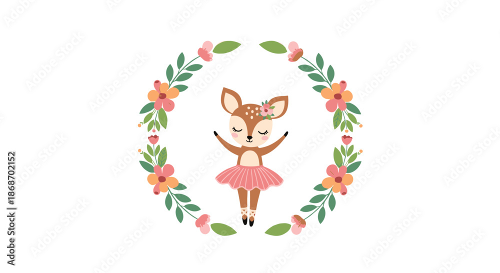 Obraz premium Graceful baby deer ballerina wearing a pink tutu poses inside a delicate wreath of green leaves and colorful spring flowers.