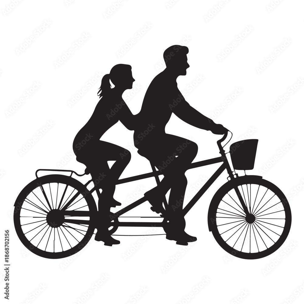 Fototapeta premium Silhouette illustration of couple riding tandem bicycle in love together isolated on transparent background vector art design concept for engagement moments