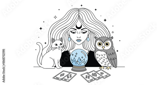 Mysterious fortune teller sits at a table with a crystal ball, tarot cards, a white cat, and a wise gray owl.