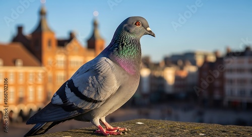 A lone pigeon stands alertly on a stone ledge with blurred city buildings in the background under a clear blue sky.