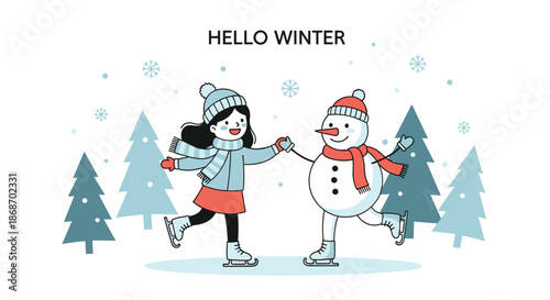 Little girl and a friendly snowman hold hands while ice skating through a snowy winter forest under the text hello winter.