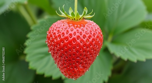Juicy ripe strawberry hanging from a plant with water droplets in soft green foliage.