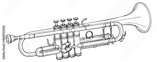 Hand drawn line art illustration of a trumpet depicting a brass instrument for musical performances