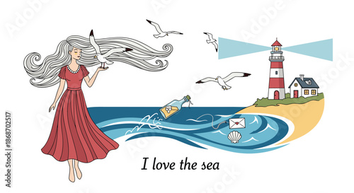 Beautiful girl with long flowing hair standing by the sea shore with seagulls and a lighthouse in the background.