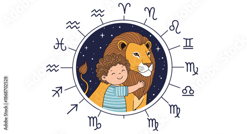 Cute little boy hugging a majestic lion inside a decorative circle showing various astrological zodiac sign symbols.