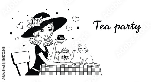 Elegant lady wearing a fashionable hat having a tea party at a checkered table with a cute white cat sitting nearby.