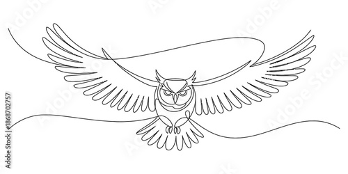 One line drawing of an owl in flight with wings spread Vector, illustration