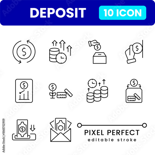 Bank deposit icons collection, finance savings and payment symbols, flat vector money deposit icons for mobile apps and dashboards