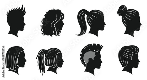 diverse collection of female and male hairstyles presented as striking black silhouettes