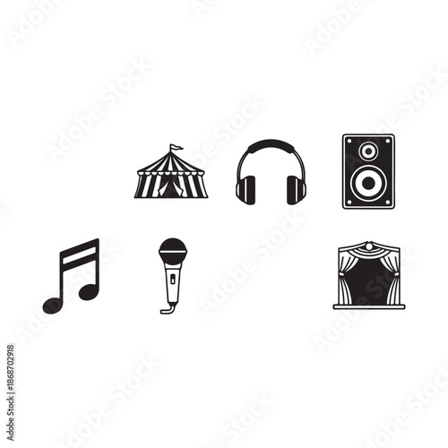 Collection of music and entertainment icons including circus tent headphones speaker musical note microphone and stage curtain