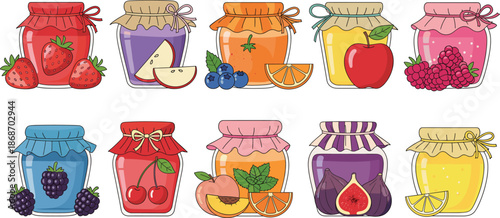 Colorful assortment of fruit jam jars decorated with fresh berries and fruits in various flavors and patterned lids
