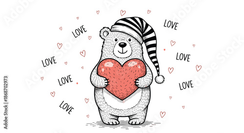 Friendly bear wearing a striped sleeping cap holding a big red heart surrounded by floating hearts and love text.