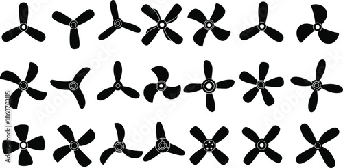 Silhouette collection of various three-blade and four-blade propellers showing different shapes and rotational designs in black