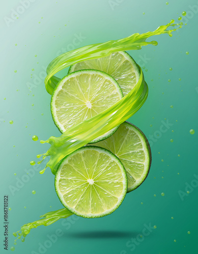 Fresh lime slices with vibrant green splash on gradient background