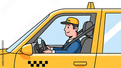 Smiling taxi driver in uniform driving yellow car wearing seatbelt on road