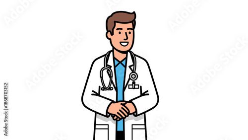 Smiling male doctor in a white lab coat wearing a stethoscope around his neck, standing with his hands clasped