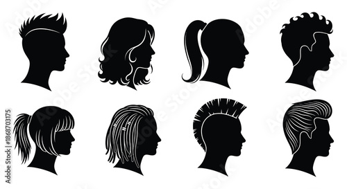 A collection of diverse hairstyles presented as black profile silhouettes showcasing various hair lengths and textures silhouette