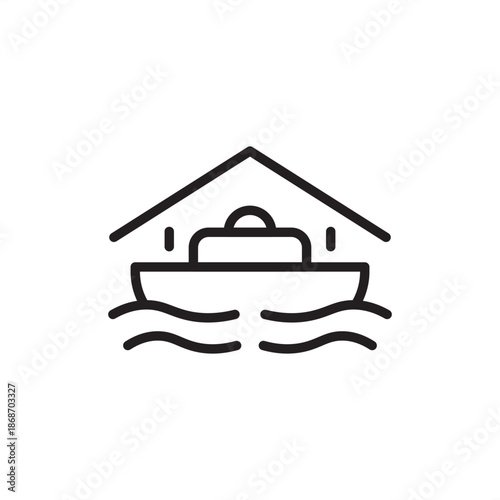 Dry dock icon featuring a large cargo vessel positioned within a specialized protective enclosure with a peaked roof, representing maritime maintenance, ship hull repair facilities, naval engineering.