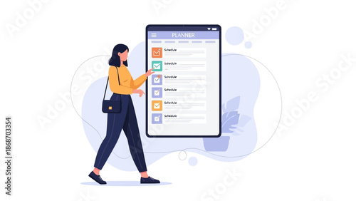 Woman Checking Planner App on Digital Tablet, Task Management, Productivity Concept