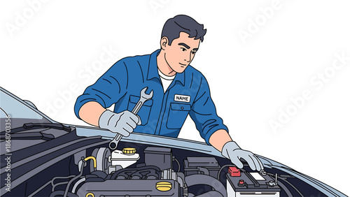 Skilled male mechanic diligently performing a car engine inspection and battery check, ensuring vehicle safety and optimal performance through professional automotive maintenance service