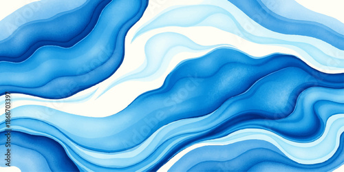 Abstract artistic watercolor-style depiction of undulating, swirling water. Featuring cool azure and cerulean hues, it creates a sense of fluid movement and tranquil depth.