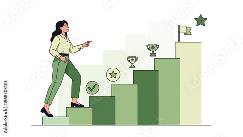 Woman climbing stairs towards success, goal achievement, career progress, winning concept