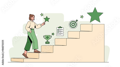 Woman climbing stairs towards success, collecting stars, achievement concept