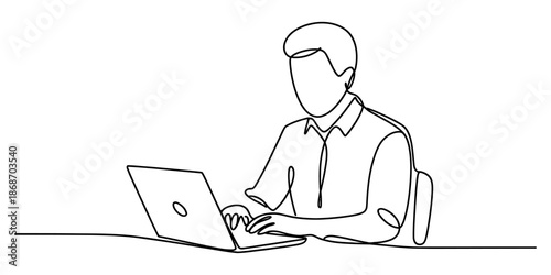 A minimalist continuous line art illustration showing a professional person working on a laptop computer Vector, illustration