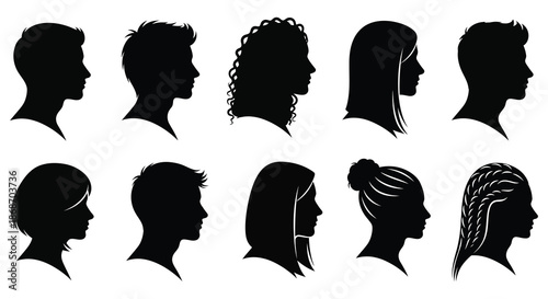 a collection of diverse human head profiles presented as a striking black silhouette