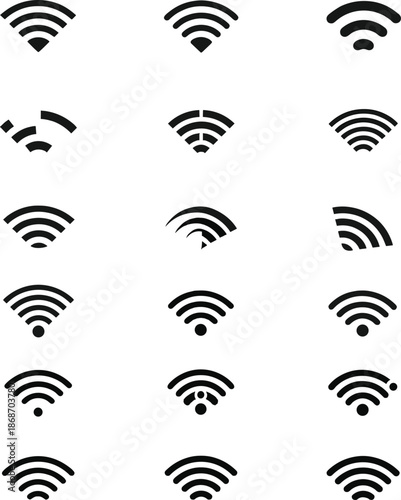 Wireless wifi signal icon collection showing multiple connection levels network strength indicators for internet communication and modern digital interfaces
