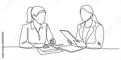 Continuous line art drawing of two businesswomen having a professional discussion Vector, illustration