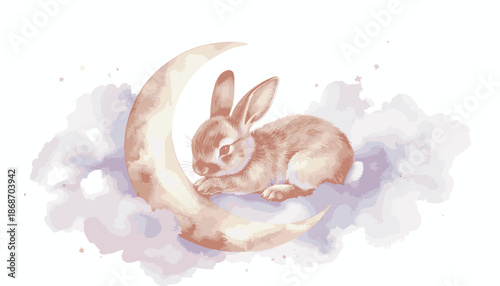 Minimalist Vector Illustration of Bunny Resting on Crescent Moon with Soft Cloud Background in Pastel Colors in Whimsical Style