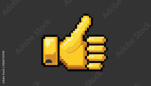Pixel Art Vector Icon of Thumbs Up Hand Gesture in Retro Style with Bright Yellow Color