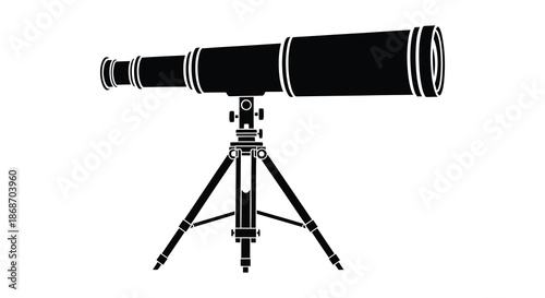 A striking black telescope on a tripod stand presented as a clean minimalist silhouette
