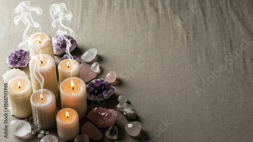 Serene meditation setup with candles and crystals
