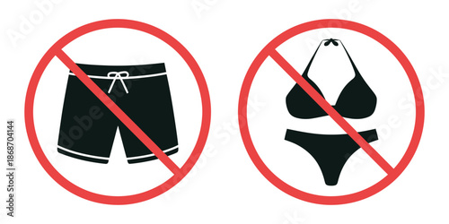 Prohibition Sign Woman and Man Underwear, forbidden entry in bikini, swimsuit or shorts, red stop circle warning symbol, entrance door restriction vector illustration.