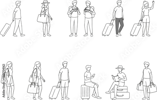 Line art illustrations of travelers carrying luggage, walking, waiting, sitting, and interacting in various airport and travel poses