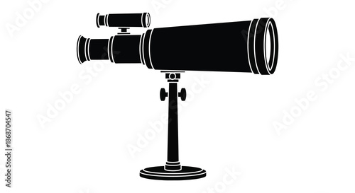 A striking black and white image of an antique telescope on a stand silhouette