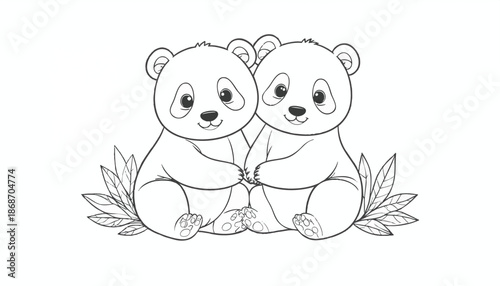 Cute Vector Illustration of Two Pandas Sitting Together with Bamboo Leaves in Minimalist Style