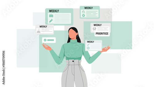 Woman managing weekly tasks, planning, prioritizing, organized workflow, business concept