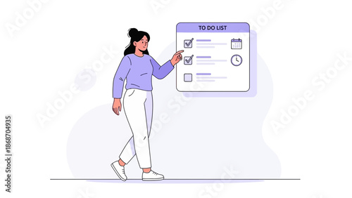 Woman checking items on a to-do list, planning tasks, modern illustration style