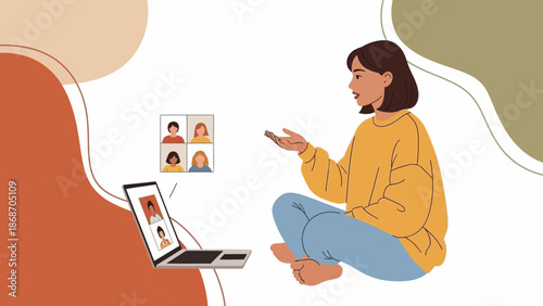 Woman having video call on laptop, online meeting, remote communication, staying home