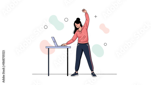 Woman exercising while working on laptop, active lifestyle, healthy habits
