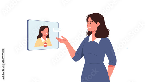 Woman having video call conversation with colleague on screen, modern communication concept