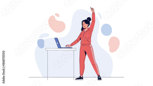 Woman in Sportswear Exercising While Working on Laptop at Standing Desk