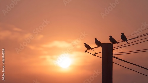 Birds silhouetted on power lines against a warm vibrant sunset sky