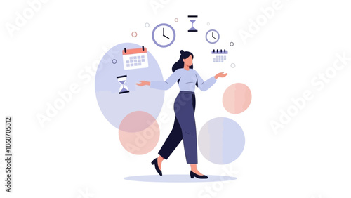 Woman juggling time management, calendars, clocks, and hourglasses in a flat design.