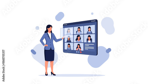 Woman leading online meeting with team on video conference screen, flat design